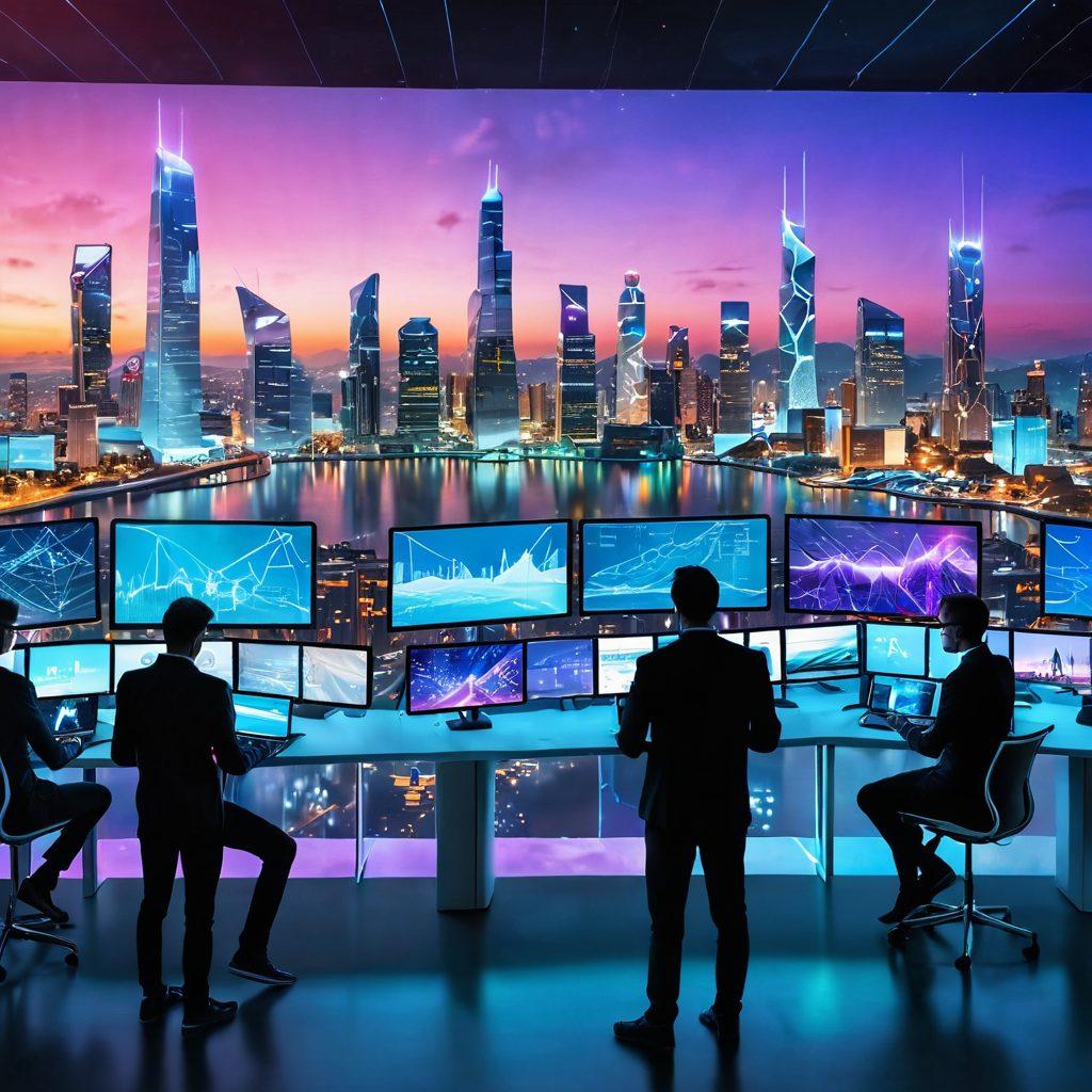 A futuristic landscape filled with holographic displays showcasing emerging technologies like AI, blockchain, and IoT. In the foreground, a diverse group of developers engaged in coding on transparent screens. Bright colors representing innovation and energy, with a skyline of smart buildings and digital networks in the background. surrealism. vibrant colors. 3D.